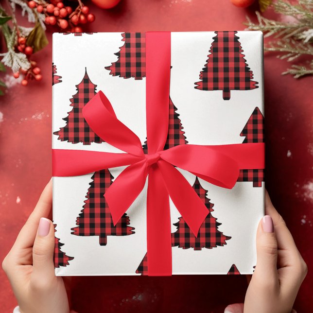 Frohe Weihnachtsbaum Simple Buffalo Karo Pattern Geschenkpapier (Buffalo check pattern Christmas trees wrapping paper. )