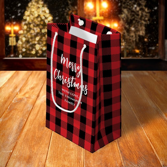 Frohe Weihnachtsbaum Simple Buffalo Karo Pattern Kleine Geschenktüte (Merry Christmas Calligraphy Buffalo Check pattern gift bag)