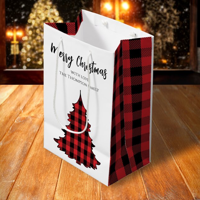 Frohe Weihnachtsbaum Simple Buffalo Karo Pattern Mittlere Geschenktüte (Merry Christmas holiday red and black buffalo plaid pattern gift bag)