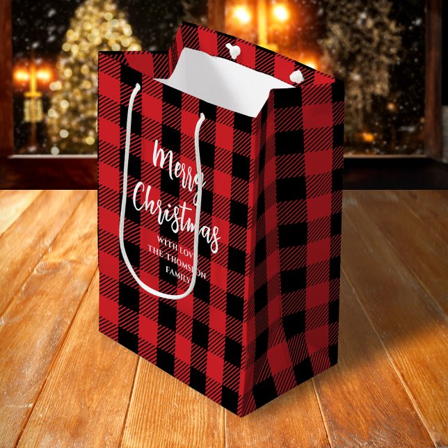 Frohe Weihnachtsbaum Simple Buffalo Karo Pattern Mittlere Geschenktüte (Merry Christmas white calligraphy buffalo check pattern gift bag)