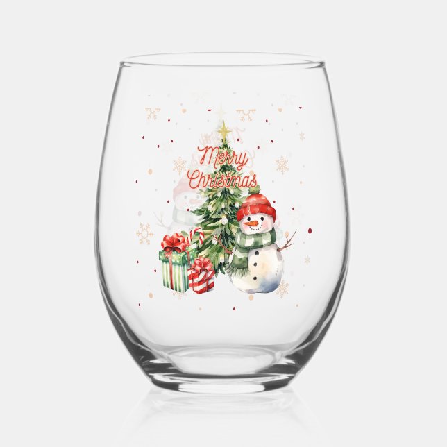 Frohe Weihnachtsbaum Snowman und Geschenke Weinglas Ohne Stiel (Vorderseite)