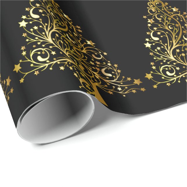 Frohe Weihnachtsbaum Stars Black Gold Shiny Chic Geschenkpapier (Rolleneckpunkt)
