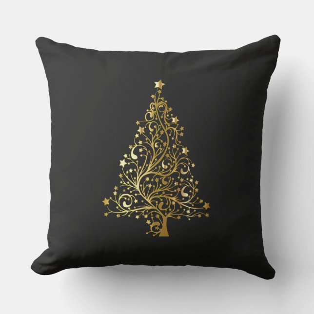 Frohe Weihnachtsbaum Stars Black Gold Shiny Chic Kissen (Vorderseite)