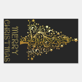 Frohe Weihnachtsbaum Stars Black Gold Shiny Chic Rechteckiger Aufkleber