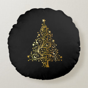Frohe Weihnachtsbaum Stars Black Gold Shiny Chic Rundes Kissen