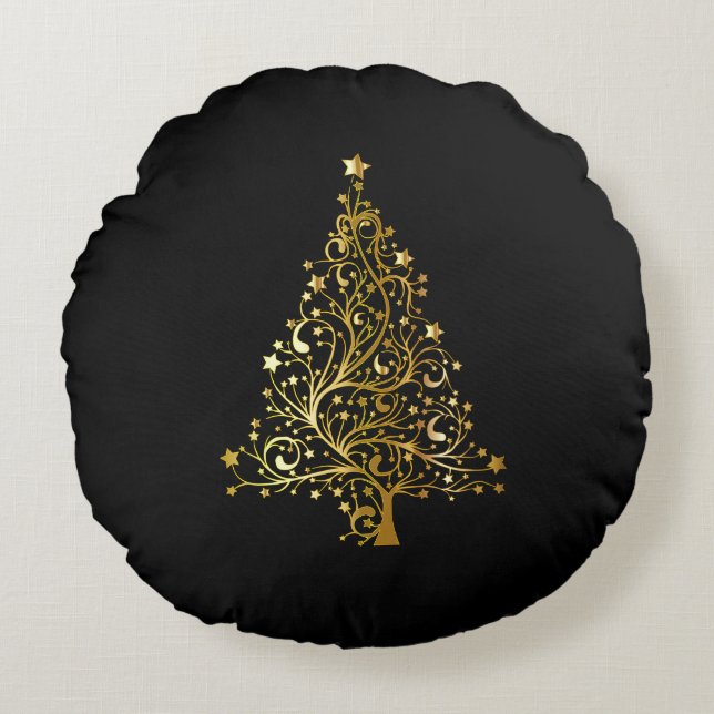 Frohe Weihnachtsbaum Stars Black Gold Shiny Chic Rundes Kissen (Vorderseite)