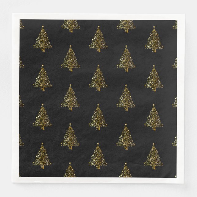 Frohe Weihnachtsbaum Stars Black Gold Shiny Chic Serviette (Vorderseite)