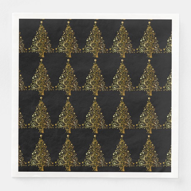Frohe Weihnachtsbaum Stars Black Gold Shiny Chic Serviette (Vorderseite)