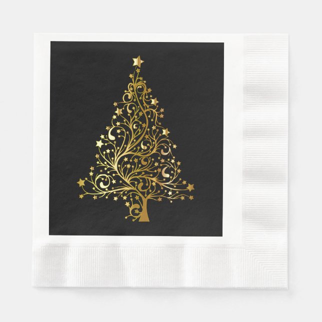 Frohe Weihnachtsbaum Stars Black Gold Shiny Chic Serviette (Vorderseite)