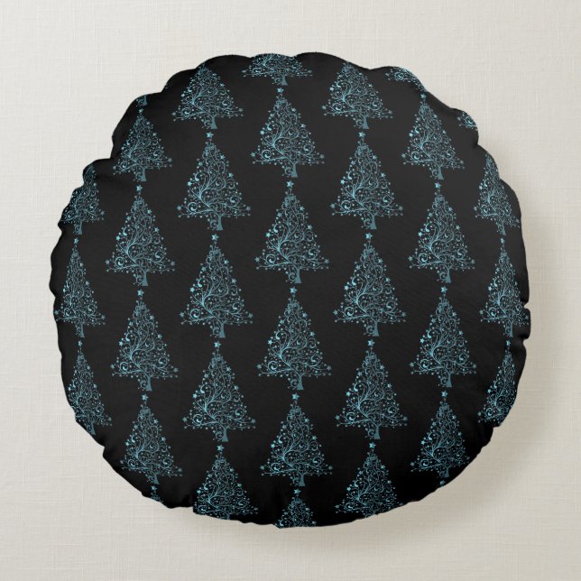 Frohe Weihnachtsbaum Sterne Black Blue Chic Muster Rundes Kissen (Vorderseite)
