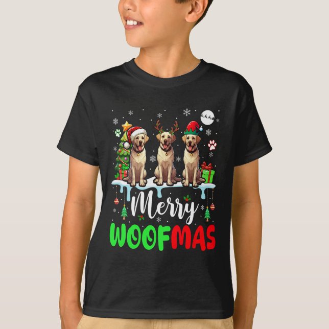 Frohe Weihnachtsbaum Three Santa Elf Labrador Retr T-Shirt (Vorderseite)