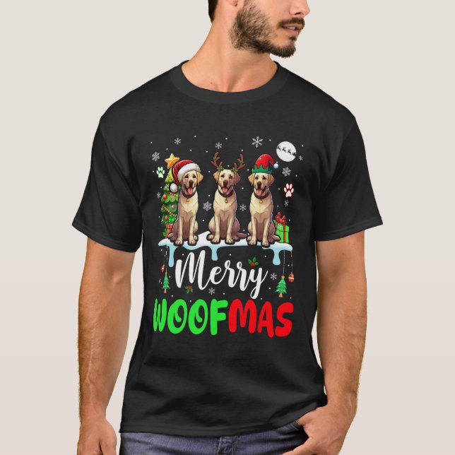 Frohe Weihnachtsbaum Three Santa Elf Labrador Retr T-Shirt (Vorderseite)