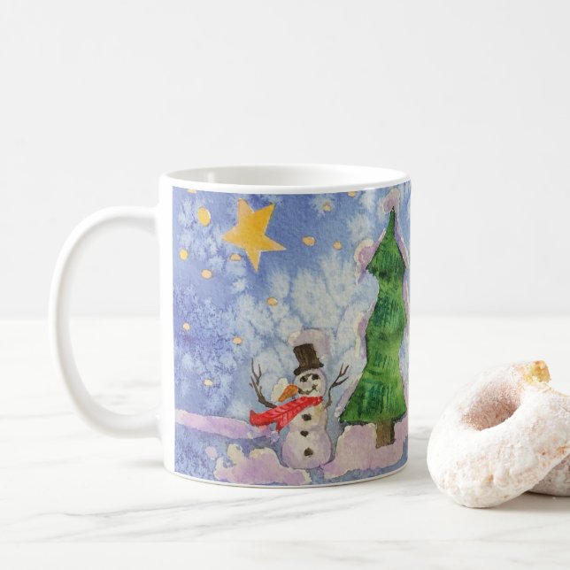 Frohe Weihnachtsbaum und frostige Snowman Wasserfa Kaffeetasse (Mit Donut)