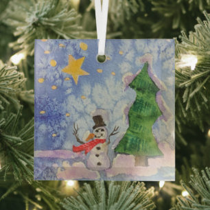 Frohe Weihnachtsbaum und frostige Snowman Wasserfa Ornament Aus Glas