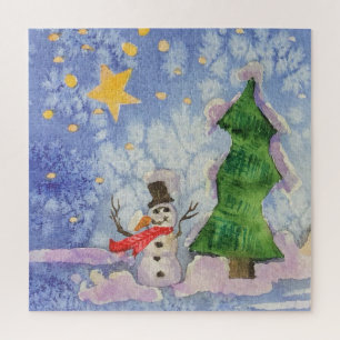 Frohe Weihnachtsbaum und frostige Snowman Wasserfa Puzzle