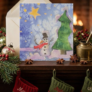 Frohe Weihnachtsbaum und frostiger Schneemann Aqua Karte
