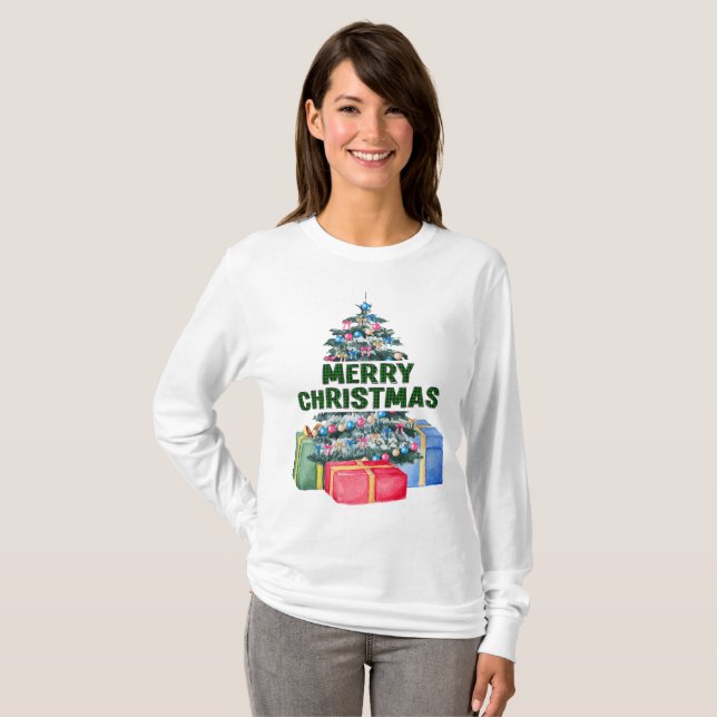 Frohe Weihnachtsbaum und Geschenke T - Shirt (Vorne ganz)