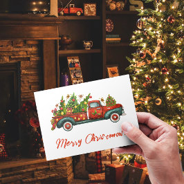 Frohe Weihnachtsbaum Vintager Red Truck Gruß Feiertagspostkarte