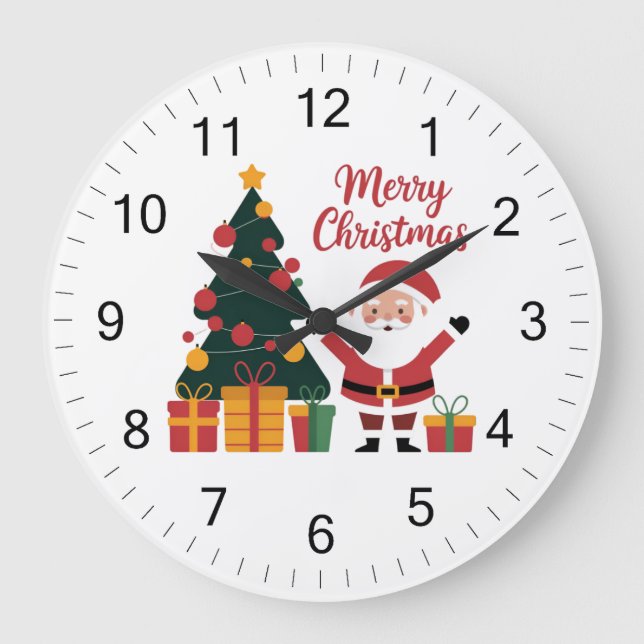 Frohe Weihnachtsbaum Weihnachtsmann mit Geschenken Große Wanduhr (Vorderseite)