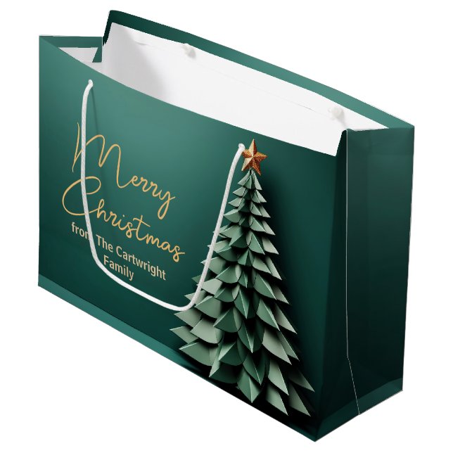 Frohe Weihnachtsbaum wunderschönes Green Gold Part Große Geschenktüte (Vorderseite Schrägansicht)