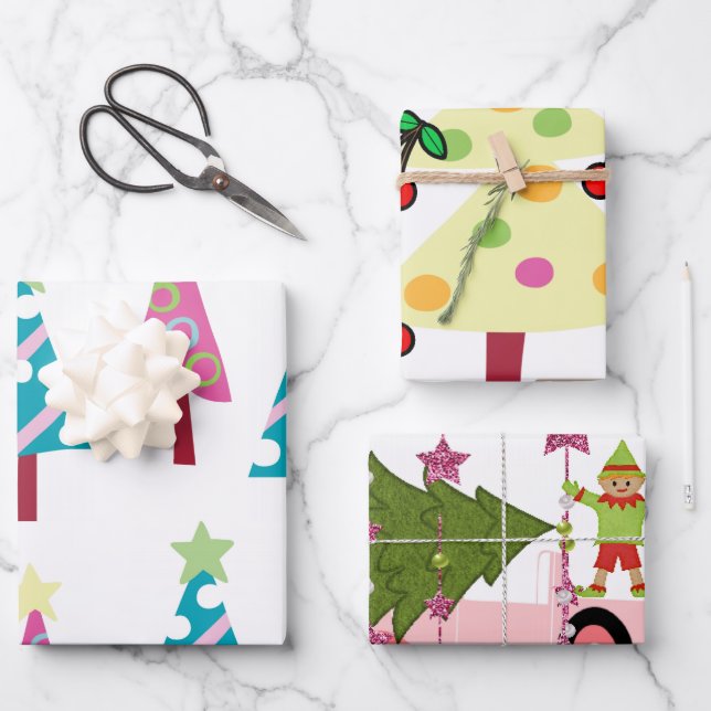 Frohe Weihnachtsbaume Elf Geschenkpapier Set (Vorderseite)