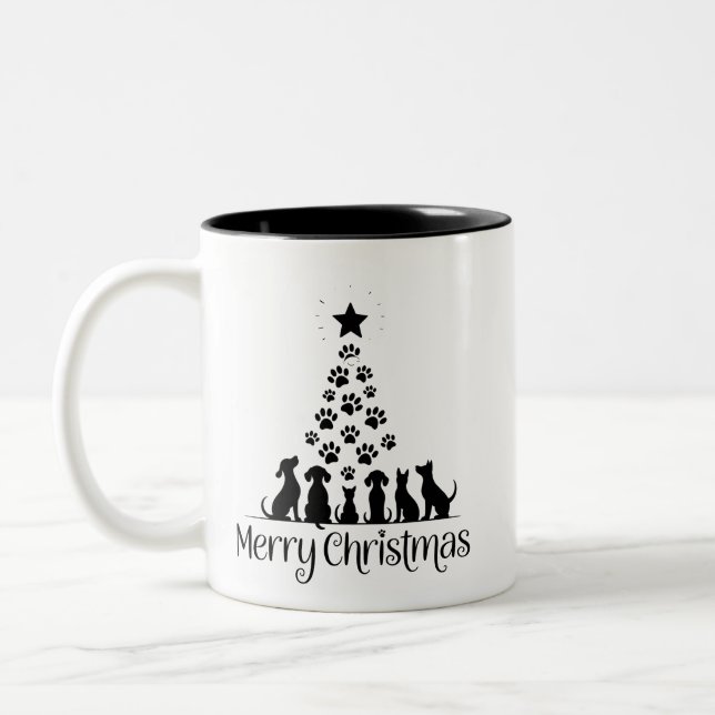 Frohe Weihnachtsbaume Hund Lover Cat Lover Mama Zweifarbige Tasse (Links)