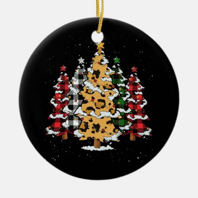 Frohe Weihnachtsbäume mit Buffalo Kariert Leopard Keramik Ornament (Vorne)
