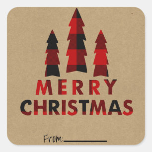 Frohe Weihnachtsbäume Rot Kariert Kraft Feiertags Quadratischer Aufkleber