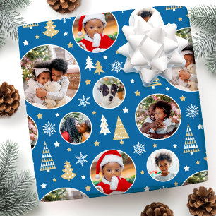 Frohe Weihnachtsbäume Schneeflocken Foto Blau Geschenkpapier