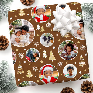 Frohe Weihnachtsbäume Schneeflocken Foto Brown Geschenkpapier