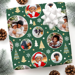 Frohe Weihnachtsbäume Schneeflocken Foto Grün Geschenkpapier