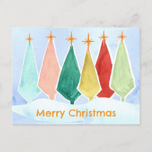 Frohe Weihnachtsbäume Stern Schnee Wasserfarbe Feiertagspostkarte