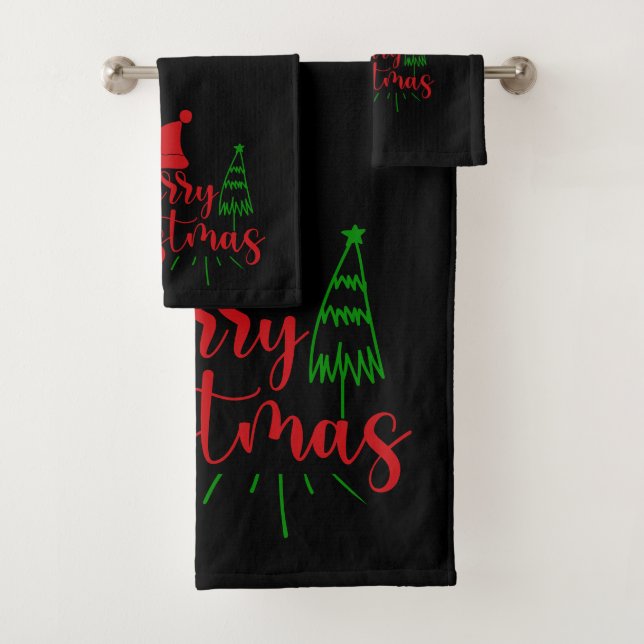 Frohe Weihnachtsbäume Text auf Schwarz Badhandtuch Set (Insitu)