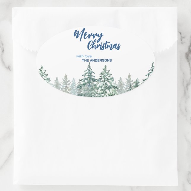 Frohe Weihnachtsbäume Wald Aquarellschrift Ovaler Aufkleber (Tasche)