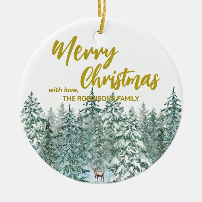 Frohe Weihnachtsbäume Wald Moderne Gold Skript Url Keramik Ornament (Vorne)