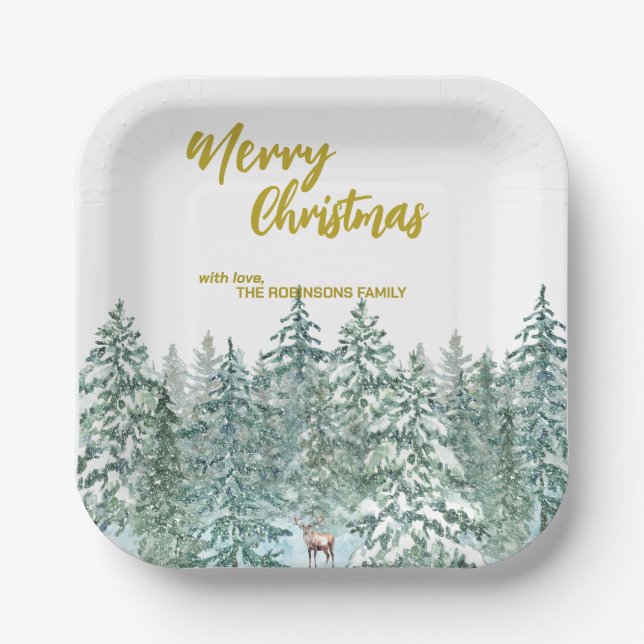 Frohe Weihnachtsbäume Wald Moderne Gold Skript Url Pappteller (Vorderseite)