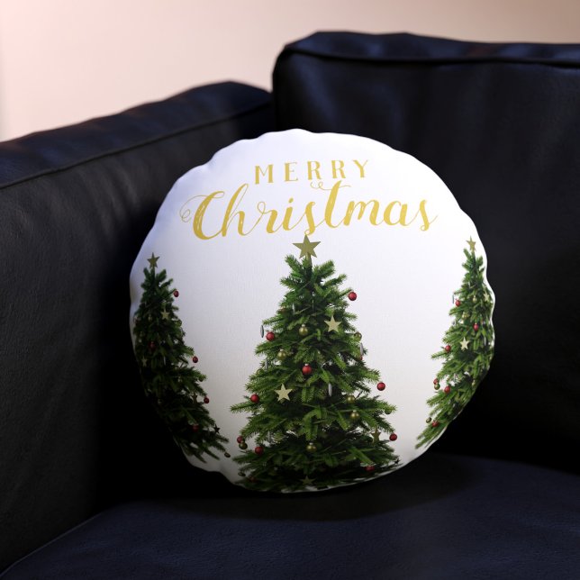 Frohe Weihnachtsbäume Winter Weiße Rundkissen Rundes Kissen (A classic Christmas tree round pillow just for you. Merry Christmas!)