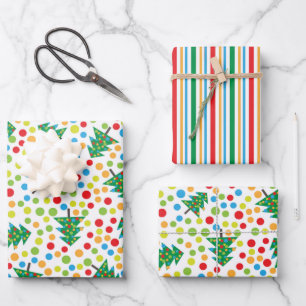 Frohe Weihnachtsbaumen, Polka-Punkte und Streifen Geschenkpapier Set