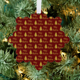 Frohe Weihnachtsbaumen Tief Rot und Gold Script Ornament Karte