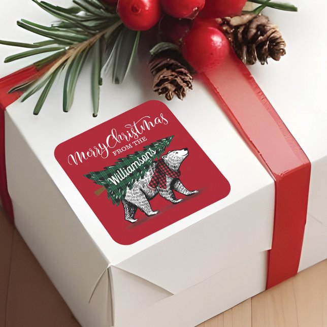 Frohe Weihnachtsbaumfamilie Quadratischer Aufkleber (Merry Christmas Polar Bear Tree Delivery Family Square Sticker)