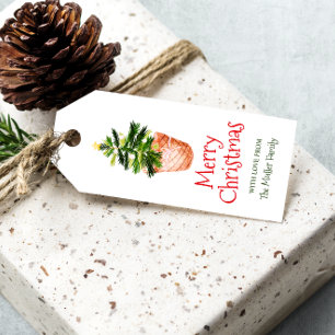 Frohe Weihnachtsbaumkörbe mit grüner Wasserfarbe Geschenkanhänger