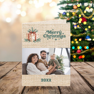 Frohe Weihnachtsbeige Burlap Foto Jahr in Review Feiertagskarte
