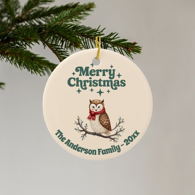 Frohe Weihnachtsbeige niedliche Eule Keramik Ornament (Von Creator hochgeladen)