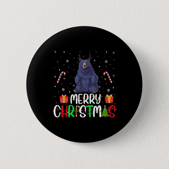 Frohe Weihnachtsbeleuchtung Bear Reindeer Hat Xmas Button (Vorderseite)