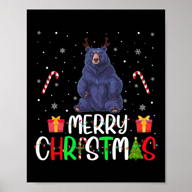 Frohe Weihnachtsbeleuchtung Bear Reindeer Hat Xmas Poster (Vorne)