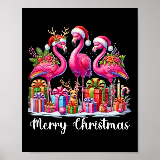 Frohe Weihnachtsbeleuchtung Flamingo Weihnachtsman Poster (Vorne)