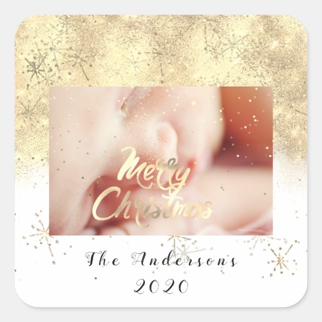 Frohe Weihnachtsbezeichnung Gold Stars Glitzer Fot Quadratischer Aufkleber (Vorderseite)