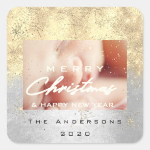 Frohe Weihnachtsbezeichnung Gold Stars Glitzer Fot Quadratischer Aufkleber