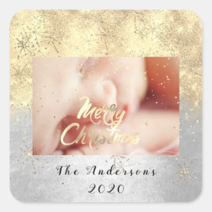 Frohe Weihnachtsbezeichnung Gold Stars Glitzer Fot Quadratischer Aufkleber
