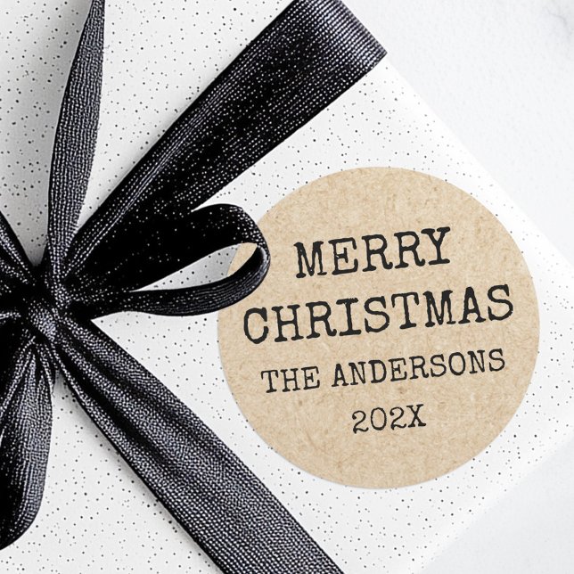 Frohe Weihnachtsbezeichnung Schreibmaschine Kraft  Runder Aufkleber (Merry Christmas name typewriter Kraft look Classic Round Sticker)